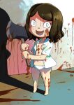  1girl :d animal_crossing axe bare_legs barefoot blood blood_in_hair blood_on_breasts blood_on_clothes blood_on_hands blood_on_leg blood_writing brown_hair collarbone crazy crazy_eyes crazy_smile eyelashes full_body highres holding holding_axe legs_apart looking_at_viewer muramasa_mikado navel no_pupils open_clothes open_mouth open_shirt panties paw_print shadow shirt short_hair short_sleeves smile solo standing swept_bangs translation_request underwear villager_(animal_crossing) white_eyes white_panties white_shirt 