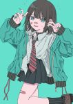  1girl bandaid bandaid_on_cheek bandaid_on_face bandaid_on_hand bandaid_on_leg bandaid_on_nose bandaid_on_thigh belt_collar black_hair blue_background collar collarbone collared_shirt earrings fingernails green_eyes green_jacket green_nails haku_geroda hood hoodie hoop_earrings jacket jewelry legs loafers long_eyebrows looking_at_viewer nail_polish necktie nervous nervous_sweating open_clothes open_jacket open_mouth original pink_bandaid pleated_skirt red_necktie school_uniform shirt shoes short_hair simple_background skirt socks solo standing striped_necktie sweat swept_bangs tongue unzipped v white_shirt 
