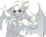  1girl bat_wings bow bowtie closed_mouth frilled_shirt frills guumin hair_bow kurumi_(touhou) long_hair long_sleeves monochrome outstretched_arms parted_bangs shirt skirt smile solo spread_arms touhou touhou_(pc-98) very_long_hair wings 