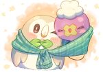  blush_stickers bright_pupils brown_eyes closed_mouth commentary_request drifloon facing_viewer green_scarf happy highres mokukitusui no_humans one_eye_closed pokemon pokemon_(creature) rowlet scarf shared_clothes shared_scarf white_pupils 