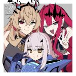  3girls absurdres baobhan_sith_(fate) baobhan_sith_(first_ascension)_(fate) barghest_(fate) barghest_(second_ascension)_(fate) blonde_hair brown_eyes earrings fang fate/grand_order fate_(series) gloves green_eyes grey_background grey_eyes heterochromia highres imuzi jewelry long_hair melusine_(fate) melusine_(first_ascension)_(fate) multiple_girls pink_hair pointy_ears red_eyes smile tongue tongue_out typo v white_hair 