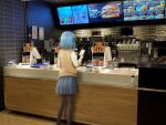  1girl aqua_hair black_pantyhose blue_hair blue_skirt burger food from_behind hair_ribbon hamburger-chan_(hundredburger) highres holding holding_phone indoors long_sleeves marrontorisu mcdonald&#039;s original pantyhose phone pleated_skirt ribbon shirt short_hair sign skirt solo standing sweater_vest white_shirt 