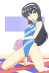  1girl bag black_hair blue_one-piece_swimsuit brown_eyes casual_one-piece_swimsuit commentary_request covered_navel food girls_und_panzer hairband handbag highleg highleg_swimsuit highres kneeling long_hair one-piece_swimsuit popsicle reizei_mako renshiu solo striped striped_one-piece_swimsuit swimsuit turtleneck white_hairband 