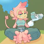  1:1 anthro baggy_pants clothed clothing digital_media_(artwork) feet female foot_fetish foot_focus footwear forest forest_background fur gloves hair handwear haplorhine hi_res humanoid humanoid_feet looking_at_viewer mammal monkey nature nature_background pink_body pink_hair plant plantigrade primate shoes shoes_removed sitting smile smug_face smug_grin soles solo spread_toes tail teeth toes tree twistedfurby 