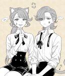  ... 1boy 1girl ? absurdres animal_ear_fluff animal_ears arrow_(symbol) bow bowtie braid brother_and_sister buttons cat_boy cat_ears cat_girl cat_tail closed_mouth collarbone collared_shirt facial_mark genshin_impact hair_over_one_eye hand_up high-waist_shorts highres index_finger_raised long_hair long_sleeves looking_at_viewer lynette_(genshin_impact) lyney_(genshin_impact) no_headwear open_mouth personality_switch pillosopi ponytail shirt short_hair shorts siblings sidelocks simple_background sitting smile speech_bubble star_(symbol) star_facial_mark tail teardrop_facial_mark teeth yellow_background 