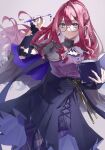  1girl absurdres baobhan_sith_(fate) baobhan_sith_(swimsuit_pretender)_(fate) baobhan_sith_(swimsuit_pretender)_(second_ascension)_(fate) black_nails book braid calligraphy_brush capelet earrings fate/grand_order fate_(series) glasses grey_eyes highres holding holding_book ina_(rimuna_1228) jewelry long_hair long_skirt multiple_braids open_book paintbrush pink_hair pointy_ears purple_shirt shirt skirt 