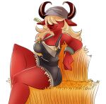  absurd_res bovid bovine cattle demon desdemona_(fortnite) epic_games farm_girl female fortnite hair hair_over_eye heavenlyyart hi_res humanoid mammal one_eye_obstructed solo thick_thighs 