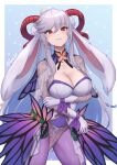  1girl absurdres animal_ears blush_stickers breasts cleavage cleavage_cutout clothing_cutout collar covered_navel cowboy_shot curled_horns fake_animal_ears fire_emblem fire_emblem_heroes floral_print flower freyja_(fire_emblem) freyja_(spring)_(fire_emblem) gloves goat_horns grey_hair grin highres horns large_breasts lesu long_hair official_alternate_costume pantyhose purple_pantyhose rabbit_ears red_eyes red_horns see-through see-through_sleeves simple_background smile solo twitter_username 