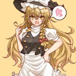  1girl black_headwear black_vest blonde_hair blush breasts commentary_request crossed_bangs eaglov frilled_hat frills hair_between_eyes hand_on_own_hip hat heart highres kirisame_marisa long_hair looking_at_viewer medium_breasts open_mouth pixel_art short_sleeves simple_background solo spoken_heart touhou variant_set vest yellow_background 
