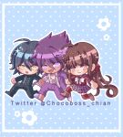  1girl 2boys :d :o ahoge angeliii black_footwear black_sailor_collar blush bow bowtie brown_eyes brown_hair chibi danganronpa_(series) danganronpa_v3:_killing_harmony facial_hair frown goatee hair_ornament hairclip harukawa_maki highres holding_hands jacket long_hair low_twintails momota_kaito multiple_boys open_clothes open_jacket open_mouth open_shirt pants pink_eyes pink_hair pink_jacket pink_pants plaid plaid_skirt print_shirt red_thighhighs saihara_shuichi sailor_collar shirt shoes skirt smile striped striped_jacket striped_pants thighhighs twintails white_bow white_bowtie white_shirt 