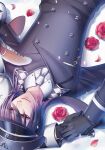  1boy animal_ears black_hair black_headwear comiket_87 flower hair_between_eyes holding holding_hair holding_hands key long_sleeves lying male_focus necktie on_back red_eyes rinko_(mg54) rose white_necktie 