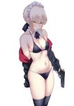  1girl absurdres arm_behind_back artoria_pendragon_(fate) bare_shoulders black_jacket black_thighhighs blonde_hair braid breasts choker cleavage eyes_visible_through_hair fate/grand_order fate_(series) food food_in_mouth frilled_choker frills gun highres holding holding_gun holding_weapon jacket long_sleeves looking_at_viewer medium_breasts mouth_hold navel off_shoulder okuma707 popsicle saber_alter short_hair simple_background solo standing stomach thighhighs weapon white_background yellow_eyes 