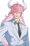  1boy black_necktie buttons earrings hair_over_eyes horns jacket jewelry long_hair male_focus necktie one_piece pink_hair raine_(acke2445) simple_background smile solo suit upper_body white_background white_jacket white_suit who&#039;s_who_(one_piece) 