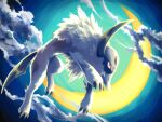  7_phi_3 absol cloud crescent_moon forehead_jewel from_below highres horns jumping moon night night_sky pokemon pokemon_(creature) red_eyes single_horn sky tail white_fur 