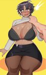  assisted_exposure bon_(vtuber) bra breasts clothes_grab clothes_lift dark_skin fang highres huge_breasts indie_virtual_youtuber panties pantyshot shirt short_hair skirt strongmoist surprised sweater thick_thighs thighs underwear wide_hips 