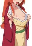  1girl breasts breasts_out copyright_request head_out_of_frame highres japanese_clothes kimono long_hair looking_at_viewer morisobo nipples red_hair red_kimono simple_background small_breasts solo white_background wide_sleeves yellow_kimono 