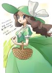  1girl absurdres aqua_eyes asamaru1225 basket blush brown_hair clenched_hand cosplay dress eyelashes green_dress green_headwear hat hat_ribbon highres hilda_(pokemon) lady_(pokemon) lady_(pokemon)_(cosplay) long_hair looking_at_viewer looking_to_the_side open_mouth pokemon pokemon_(game) pokemon_bw pokemon_rse ribbon short_sleeves sidelocks solo sun_hat translation_request white_ribbon 