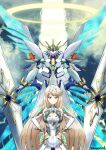  1girl absurdres blonde_hair breasts cleavage cleavage_cutout clothing_cutout cow detached_sleeves dress gloves halo hands_on_own_hips highres looking_at_viewer mythra_(xenoblade) noponzok siren_(xenoblade) sky smile swept_bangs tiara twitter_username white_dress white_gloves wings xenoblade_chronicles_(series) xenoblade_chronicles_2 yellow_eyes 