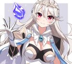  1girl armor breasts cape cleavage corrin_(female)_(fire_emblem) corrin_(female)_(silent_bloodline)_(fire_emblem) corrin_(fire_emblem) crown fire_emblem fire_emblem_fates fire_emblem_heroes hair_between_eyes hair_ornament highres hoya_kbknb47 jewelry long_hair looking_at_viewer official_alternate_costume pointy_ears red_eyes shoulder_armor solo white_hair 