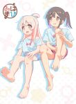  2girls :d absurdres ahoge bare_legs barefoot blue_shirt blue_skirt blush brown_eyes brown_hair eyelashes feet hair_ornament hair_ribbon hairclip hand_on_own_knee highres knee_up legs long_hair looking_at_viewer looking_to_the_side male-female_symbol multicolored_hair multiple_girls onii-chan_wa_oshimai! open_mouth oversized_clothes oversized_shirt oyama_mahiro oyama_mihari panties panty_peek parted_bangs patterned_background pink_hair pink_shorts purple_hair red_ribbon ribbon shirt short_sleeves shorts sitting skirt sl8-all smile soles streaked_hair t-shirt thighs toenails toes underwear white_panties 