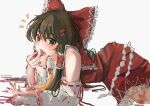  1girl absurdres ascot bare_shoulders blood blood_on_clothes blood_on_face blood_on_hands bow brown_eyes brown_hair detached_sleeves fang frilled_bow frills grey_background hair_bow hair_tubes hakurei_reimu hand_to_own_mouth highres long_hair looking_at_viewer lying on_side open_mouth red_bow ribbon-trimmed_legwear ribbon-trimmed_sleeves ribbon_trim simple_background skin_fang solo touhou very_long_hair wide_sleeves wwparasi 