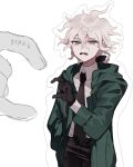  1boy black_gloves black_necktie black_pants collared_shirt d: danganronpa_(series) danganronpa_2:_goodbye_despair disgust gloves green_jacket grey_eyes grey_hair hair_between_eyes heart heart_hands highres jacket komaeda_nagito long_sleeves male_focus messy_hair mini_person miniboy monigechan necktie open_clothes open_jacket pants shirt shirt_tucked_in size_difference solo_focus white_shirt 