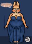  anthro bedroom_eyes belly big_belly big_breasts blue_bottomwear blue_clothing blue_dress blue_skirt blush bottomwear bracelet braless breasts canid canine chubby_female cleavage clothed clothing coleman12345 dialogue diamond_necklace diane_foxington dreamworks dress dress_shoes english_text eyebrow_piercing facial_piercing female flirting_with_viewer fox hi_res jewelry mammal narrowed_eyes navel_outline necklace piercing seductive silver_shoes skirt sleeveless_dress solo speech_bubble text the_bad_guys watermark wide_hips 