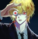  0o_0o92 1other black_necktie black_suit blonde_hair blood blood_on_clothes blood_on_face disembodied_eye earrings eyeball formal highres hunter_x_hunter jewelry kurapika necktie other_focus red_eyes shirt short_hair solo suit upper_body white_shirt 