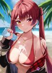  1girl beach bikini blue_sky bottle breasts cloud day gold_necklace gold_trim heart heart_necklace heterochromia highres holding holding_bottle hololive houshou_marine houshou_marine_(4th_costume) jacket jewelry large_breasts lotion_bottle necklace ocean off_shoulder outdoors red_bikini red_eyes red_hair red_nails sky swimsuit twintails upper_body yoshinon_(yoshinon_kotori) 