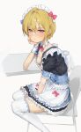  1girl absurdres blonde_hair blue_ribbon bow bowtie breasts chair cleavage closed_mouth downblouse foot_out_of_frame hands_on_own_face highres idolmaster idolmaster_shiny_colors kneehighs maid maid_headdress miniskirt on_chair purple_eyes red_ribbon ribbon saijo_juri short_hair simple_background skirt socks sweatdrop white_background yamada_no_orochi 