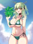  1girl absurdres antlers bikini bionicle blush breasts ceres_fauna collar collarbone drogo_doggo green_bikini green_hair highres holding holding_mask hololive hololive_english horns large_breasts lewa_(bionicle) mask open_mouth swimsuit the_lego_group virtual_youtuber 