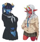  2girls blue_skin colored_skin demon_girl forked_tongue highres horns m_k midriff multiple_girls original pointy_ears red_skin tongue tongue_out 