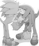 2boys animal_ears animal_nose artist_name back blush closed_eyes closed_mouth fang full_body furry furry_male gloves greyscale hands_up hedgehog hedgehog_ears hedgehog_tail kiss knuckles_the_echidna male_focus monochrome multiple_boys shadow shoes simple_background sk_rokuro sneakers socks sonic_(series) sonic_the_hedgehog standing star_(symbol) sweat sweatdrop tail teeth yaoi 