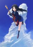  1girl akiyama_mio bass_guitar black_eyes black_hair black_socks blazer blue_jacket blue_ribbon blue_skirt blue_sky blush brown_footwear cloud collared_shirt commentary_request day fender_jazz_bass full_body highres holding holding_instrument instrument jacket k-on! left-handed leg_up loafers long_hair long_sleeves looking_at_viewer mandei_(nao_1234567) mouth_hold neck_ribbon outdoors pleated_skirt ribbon sakuragaoka_high_school_uniform school_uniform shirt shoes sidelocks skirt sky socks solo white_shirt winter_uniform 