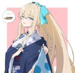  1girl blonde_hair blue_eyes blue_kimono bow braid breasts citron80citron fate/grand_order fate_(series) food french_braid hair_bow highres japanese_clothes kimono large_breasts layered_clothes layered_kimono leaf_print long_hair long_sleeves looking_at_viewer morgan_le_fay_(fate) morgan_le_fay_(fgo_fes._2023)_(fate) parted_lips ponytail sidelocks smile solo speech_bubble takoyaki very_long_hair white_kimono wide_sleeves 