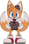  1boy animal_ears animal_nose blue_eyes blush blush_stickers body_fur brown_capelet brown_headwear capelet clenched_hands digimin fedora fox_boy fox_ears fox_tail full_body furry furry_male gloves hands_up happy hat legs_apart looking_at_viewer male_child male_focus mini_hat multiple_tails non-web_source official_art open_mouth plaid_capelet red_footwear shoes simple_background smile socks solo standing straight-on tail tails_(sonic) the_murder_of_sonic_the_hedgehog transparent_background two-tone_fur two_tails white_fur white_gloves white_socks wide-eyed yellow_fur 