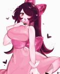  1girl bare_shoulders blush bow breasts character_request check_character colored_skin cowboy_shot dress gloves hair_bow hair_over_one_eye heart large_breasts long_hair looking_at_viewer original pink_dress red_eyes simple_background solo usa37107692 white_skin 