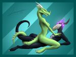  2020 adressa_(sindri) anthro butt claws digital_media_(artwork) dragon duo entwined_tails female female_penetrated fire gold_(metal) green_body horn luxlucian male male/female male_penetrating male_penetrating_female nipples nul_(risqueraptor) penetration sex tail tail_coil vaginal 