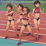  4girls abs arm_up breasts brown_eyes buruma day grin headband highres kamen_rider multiple_girls navel original otsu_natsu outdoors red_headband shoes short_hair small_breasts smile sneakers sports_bikini standing standing_on_one_leg toned track_and_field 