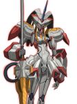  495032158 cable chinese_commentary commentary darling_in_the_franxx glowing glowing_eyes highres holding holding_polearm holding_weapon horns lance looking_at_viewer mecha no_humans outline polearm red_eyes red_outline robot science_fiction simple_background single_horn solo standing strelizia weapon white_background 
