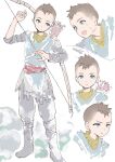  1boy atreus blue_eyes bow_(weapon) brown_hair child commentary_request full_body god_of_war highres holding holding_weapon looking_at_viewer male_focus pout quiver short_hair simple_background solo walnut1229 weapon 
