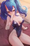  1girl black_sclera blue_hair borrowed_character breasts cleavage colored_sclera covered_navel food from_above half-closed_eyes highres holding horns large_breasts leotard llttyyyuu long_hair looking_to_the_side on_bed oni_horns original popsicle solo thighs twintails wrist_cuffs 
