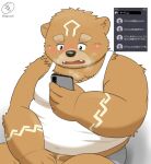  2023 5groo5 anthro bear belly blush brown_body brown_nose cellphone crave_saga cute_fangs gabu_(crave_saga) hi_res japanese_text kemono male mammal overweight overweight_male phone sitting smartphone solo text 