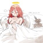  absurdres after_sex angel_devil_(chainsaw_man) angel_wings bed_sheet blush breasts chainsaw_man closed_eyes covering covering_breasts genderswap guy_tired_after_sex_(meme) halo hayakawa_aki hiding_breast highres light_blush meme messy_hair on_bed open_mouth pk_draws_40 red_hair sketch sweatdrop twitter_username under_covers wings 