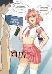  2boys absurdres astolfo_(fate) astolfo_(sailor_paladin)_(fate) astolfo_monster_cosplay_(meme) bar_censor can censored crop_top english_text fang fate/apocrypha fate/grand_order fate_(series) hair_intakes highres holding holding_can huge_penis josou_seme long_hair male_focus meme midriff monster_energy multiple_boys multiple_penises navel neckerchief official_alternate_costume open_mouth otoko_no_ko penis penis_size_difference penises_touching pink_hair pink_skirt pleated_skirt purple_eyes school_uniform serafuku short_sleeves skin_fang skirt small_penis_humiliation speech_bubble sulcate testicles thighhighs white_thighhighs yaoi 