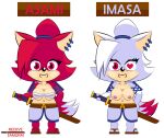  anthro armor asami_the_cat big_breasts breasts chibi clothed clothing digital_media_(artwork) duo ear_piercing fan_character feet female fur hair humanoid long_hair looking_at_viewer melee_weapon nipples open_mouth piercing red_body red_eyes red_fur red_hair redeye_samurai_(artist) sega simple_background smile sonic_the_hedgehog_(series) standing sword teeth weapon white_body white_fur 