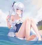  1girl absurdres bare_shoulders barefoot blue_archive blush feet gugu0v0 halo highres knees_together_feet_apart knees_up legs looking_at_viewer miyako_(blue_archive) ocean ponytail sky soles solo swimsuit toenails toes water water_drop white_hair 