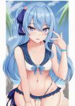  1girl blue_eyes blue_hair bracelet breasts collarbone commentary_request hair_ribbon highres hololive hoshimachi_suisei jewelry looking_at_viewer navel one_side_up open_mouth outdoors ribbon shizukami_chiro small_breasts smile solo swimsuit virtual_youtuber w 
