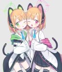  2girls amakaze_sora animal_ear_headphones animal_ears aqua_necktie black_shorts black_skirt black_thighhighs blonde_hair blue_archive bow cat_ear_headphones cat_tail commentary cowboy_shot fake_animal_ears flat_chest green_bow green_eyes grey_background hair_bow halo headphones jacket light_blush long_sleeves looking_at_viewer medium_hair midori_(blue_archive) momoi_(blue_archive) multiple_girls necktie one_eye_closed open_mouth pink_bow pink_eyes pleated_skirt shirt shorts siblings sisters skirt tail thighhighs v-shaped_eyebrows white_jacket white_shirt zettai_ryouiki 