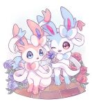  ;d alternate_color blue_eyes commentary_request fang flower highres ichino_cco no_humans one_eye_closed open_mouth pokemon pokemon_(creature) shiny_pokemon sitting smile sylveon twitter_username watermark 